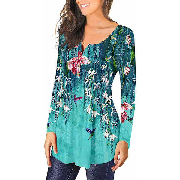 Dame Tunika Topper Ensfarget Plissert V-hals Knapper Bluse Blomstertrykte Damer Vinblack M
