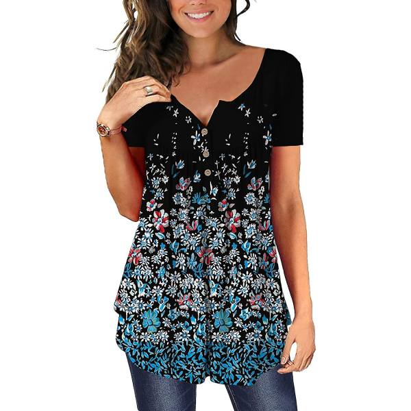 Dame Tunika Topper Ensfarget Plissert V-hals Knapper Bluse Blomstertrykte Damer Dotwhite 3XL