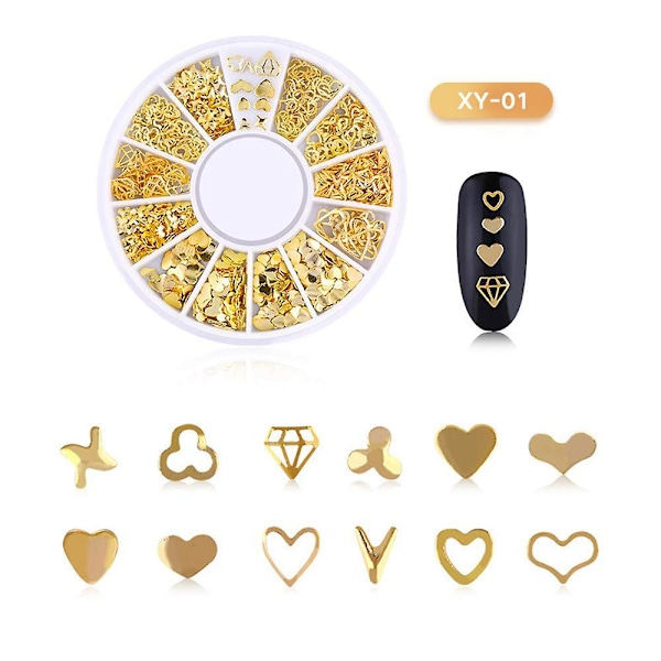 1 lådor nagelkonst strass, 3d nagelkonst dekorationer, mix storlek nagel pärlor glitter strass guld metall ihålig nit nagelkonst stjärna måne sol nagel acc Heart shaped