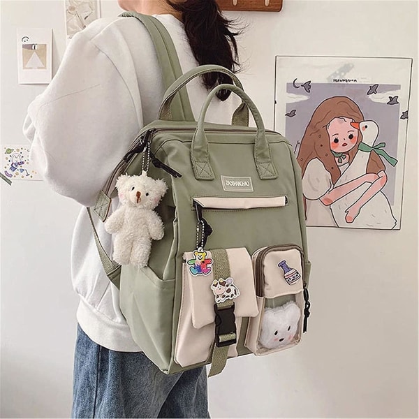Kawaii Ryggsekk Med Kawaii Pins Og Tilbehør Søt Kawaii Ryggsekk Japansk Skoleveske Jk Anime Skulderveske Japansk Stil Skolehåndvesker For Cosp Green