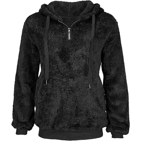 Baggy, fluffy pullover-hettegenser for kvinner med 1/4 glidelås og snøring for en koselig vinterlook