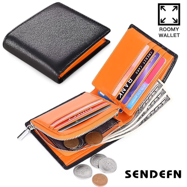 Multi-fack fällbar blixtlås stor kapacitet läder plånböcker med kort kontanter förvaringsficka Black Orange