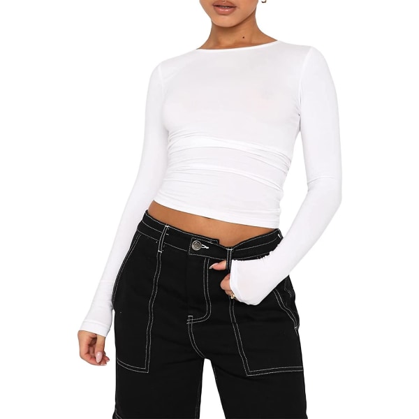 Kvinnors Y2k långärmad plisserad skjorta Rund hals Slim Fit Texturerad Crop Top Ribbad Pullover White S