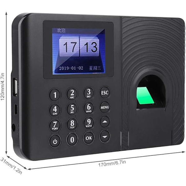 Biometrisk fingeraftryksadgangskontrol med adgangskode, tidspunkt, fremmødemaskine, medarbejder check-in recorder, genkendelsesenhed, adgangskontrol, 2,4\" high-definition farve LCD