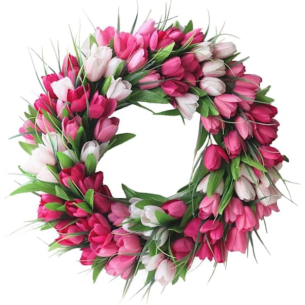 Tulipan Krans til Hoveddør, 20 tommer Kunstig Tulipan Blomsterkrans med Rattan Base, Forårstulipan Blomsterkrans Blomsterkrans til Forår Sommer Bryllup