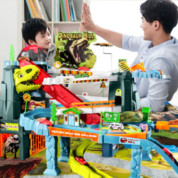 2023 Ny uppgradering Dinosaur Leksak Ramp Bil Race Track lekset för barn med 8 leksaksbilar, elektriska banor och vulkanvattenspray med musik, födelsedag för C