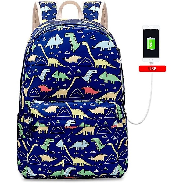 Skolesekk for studenter Tegneserie Mønster Dinosaur Reise Ryggsekk Utendørs USB Lading Laptop Veske Blå -