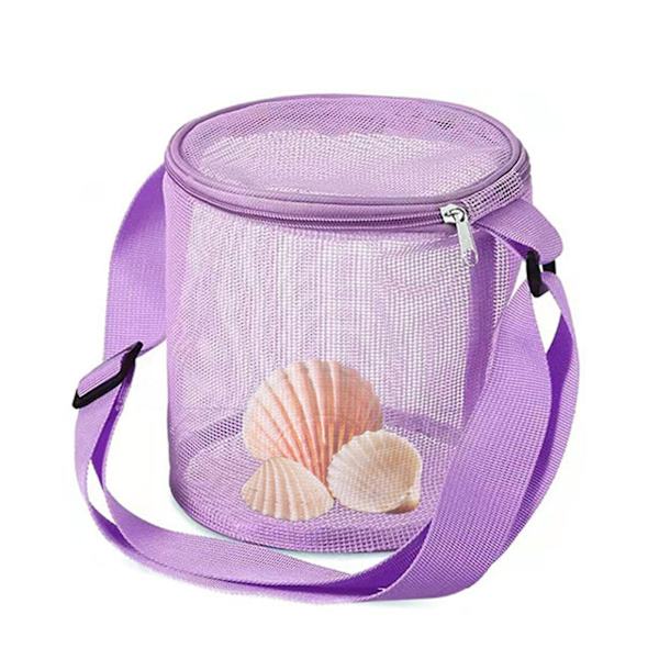 Strandveske for barn, skallinnsamlingsveske, oppbevaringsveske i netting med justerbar skulderstropp, sandtett og sammenleggbar for utendørsaktiviteter violet