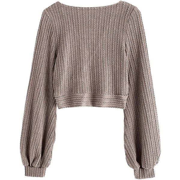 Kvinnors pullover ribbad beskuren stickad tröja dragsko rynkad stickad crop top solid V-hals L