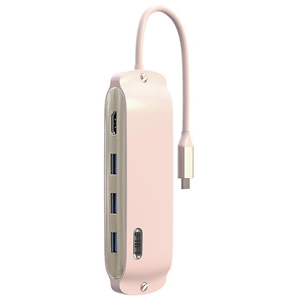 BS8H Type-C Hub -muunnin PD+USB 3.0+2xUSB 2.0+HD-videolähtöporttiin+2 kortinlukijapaikkaa+RJ45 Pink