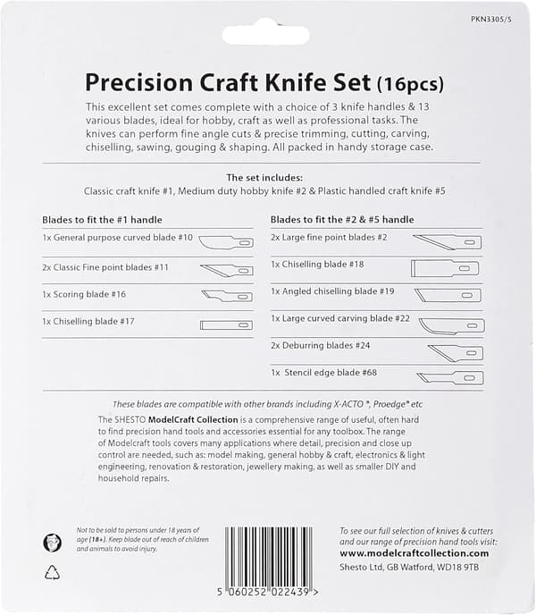 Modelcraft PKN3305/S Præcisions hobbyknivsæt, sølv, 16 dele