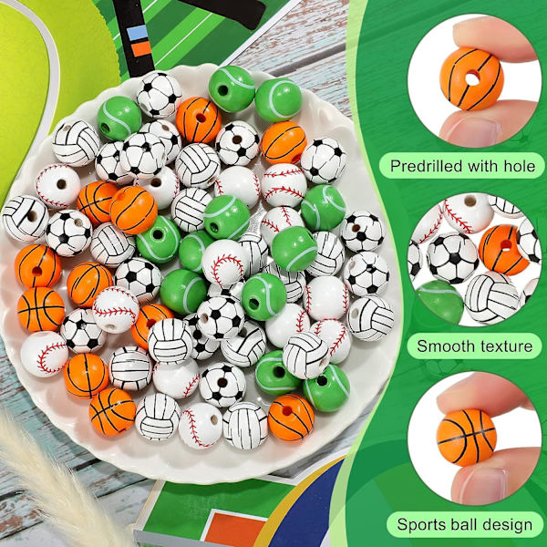 100 Stykker Sportsperler Sportsbold Træperler Fodbold Basketball Baseball Volleyball Tennisperler 5 Stilarter Sports Træperler