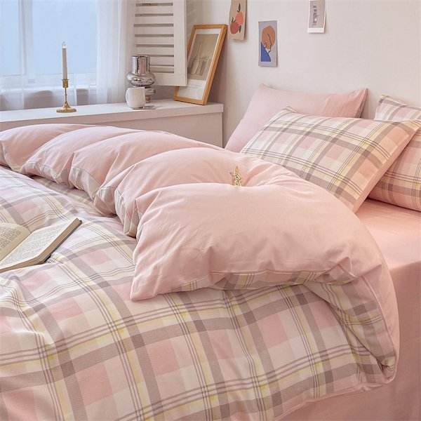 Bomullsduntäcke, Lyxigt Enkelt Stil Randigt Sängklädesset Set, Japansk Stil Ren Bomullstäcke Randigt Grid pink 1.2m