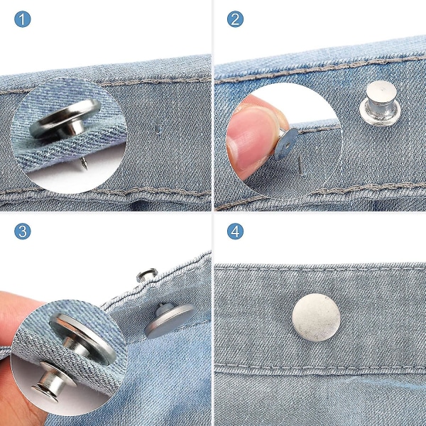 17 mm jeansknapp, 6-pack justerbara knappnålar Midjeförlängningsspänne utan sömnadsspänne Strukturerad för jeansbyxor Midjeband, silverfärgad