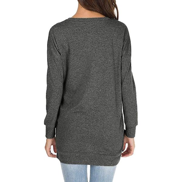 Dam långärmad sweatshirt rund hals sid split casual tunika pullover t-shirt toppar Grey M