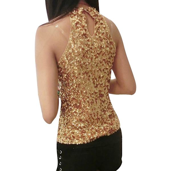 Naisten paljettitoppi, kimalteleva, huomiota herättävä, slim fit, hihaton halterneck-liivi Gold