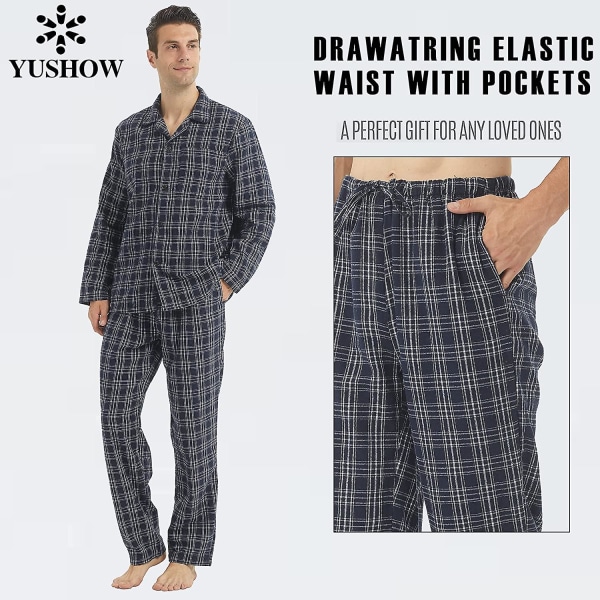 Herre Pyjamassæt Langærmet Ternet Loungesæt Flanel Pyjamas Plaid Overdel og Underdel 2 Dele Vinter Bomulds Natøj Navy Blue L