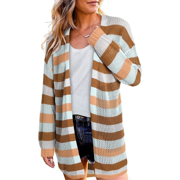 Dame Puff Langærmet Hæklet Strik Cardigan Sweater Farveblok Kimono Åben Front Frakke Overtøj M