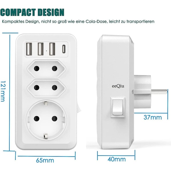 Usb Stikdåse, 7-i-1 Multistikdåse, 3 Usb og 1 Type-c Port, 3-vejs Stikdåseadapter med Usb Oplader (2 Euro Stikdåser og 1 Schuko Stikdåse)