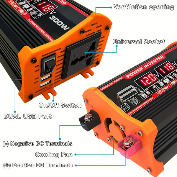 300W Strømomformer DC 12V til AC 110V Bilomformer med 2USB-interface, Biladaptere, Billader, med Digital Display
