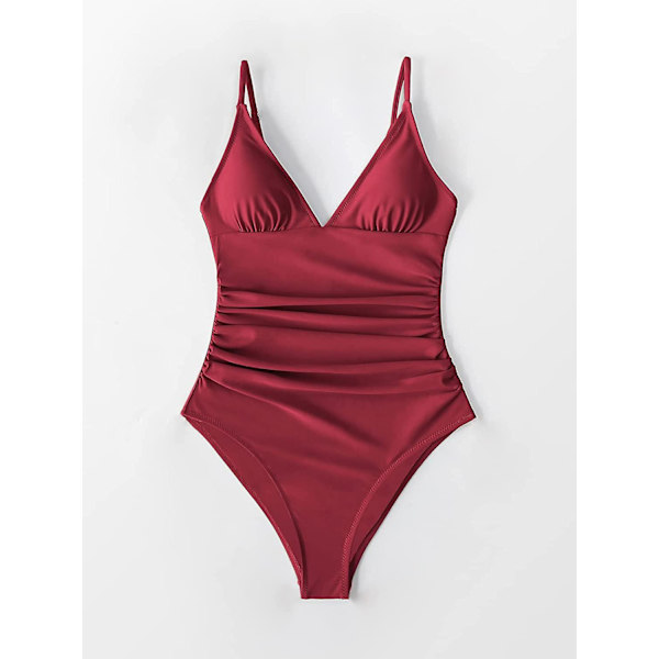 Dame Badedragt Heldragt V-hals Mavekontrol Rynket Front Lav Ryg Burgundy XS