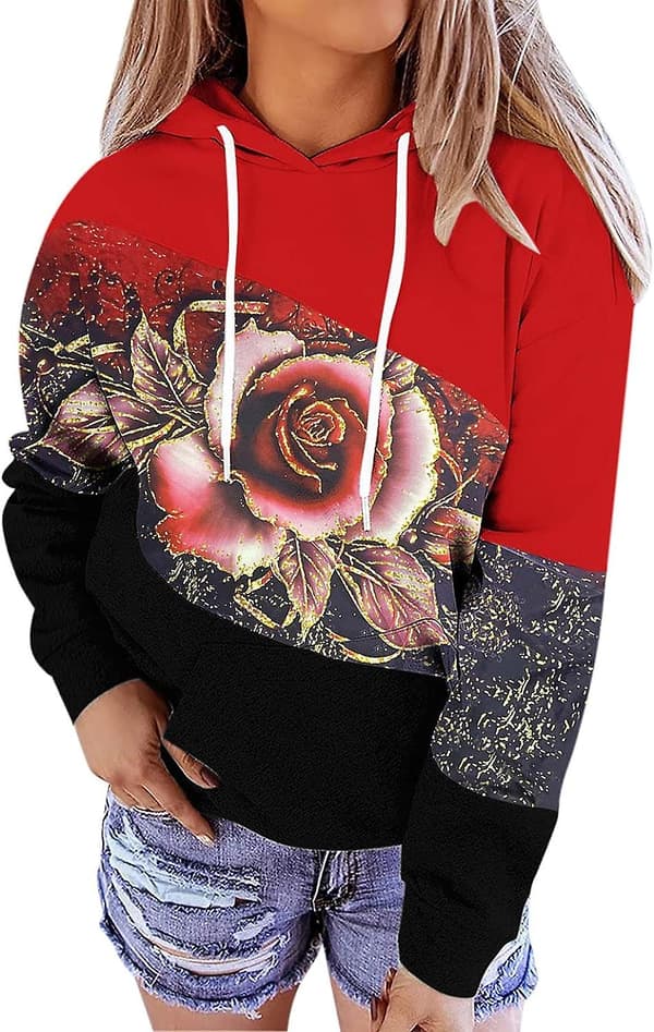 Baggy sweatshirts for kvinner, patchwork, blomstermønstret, hettegenser, avslappet langermet hettegenser for kvinner Red Medium