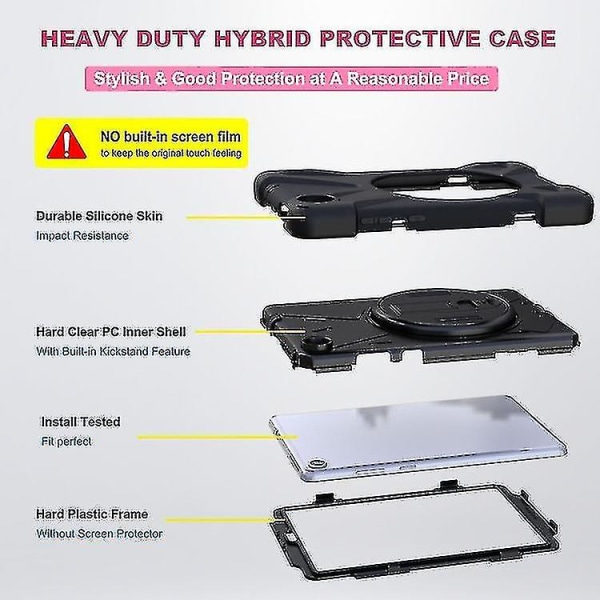 För Lenovo Tab M8 Stötsäker Färgglad Silikon + Pc Case med hållare & handgreppsrem & axelrem Black