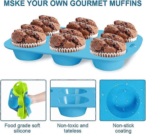 Set med 2 stora non-stick silikonmuffinsformar - blågrön