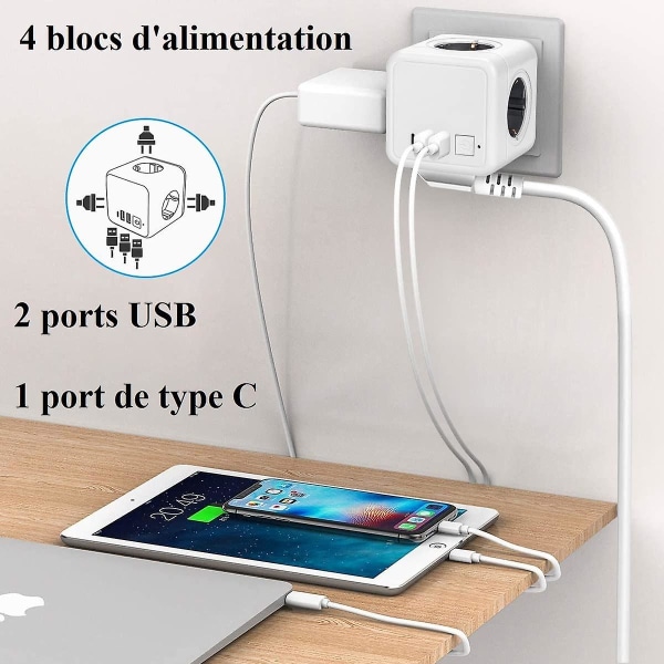 USB Power Strip, 4 uttag Cube Wall Power Strip med 2 USB, 1 typ-c port, 7 i 1 nät med strömbrytare