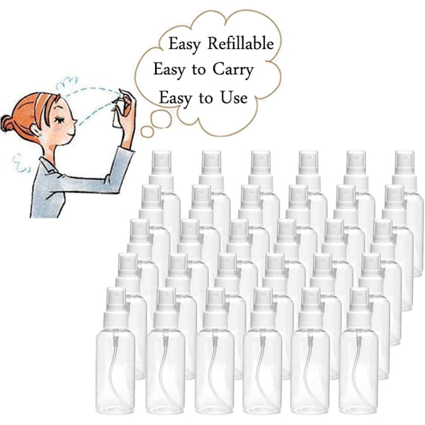 30-pack 30 ml (1 oz) fina dimspruta minisprayflaskor med pumpspraylock, påfyllningsbara och återanvändbara tomma plastflaskor