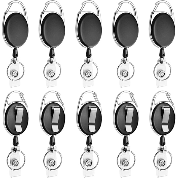 Udtrækkelig badgeholder med karabinhage, bælteclips og nøglering til ID-kort, nøgle, nøglering, badgeholder, sort, 10 stk. fra