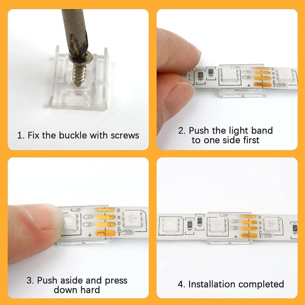 100 st genomskinliga monteringsklämmor för LED-remsor och 100 st kompatibla rostfria pannhuvudskruvar med Phillips-spår för 10 mm breda vattentäta eller icke-vattentäta 352