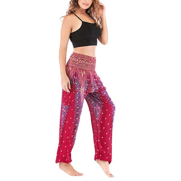 Boho Joogahousut Naisille - Painetut Pilateshousut Löysällä Istuvuudella ja Pussimaisella Harem-tyylillä - Täydelliset Rannalle, Joogaan, Tanssiin ja Muuhun Wine Red One Size