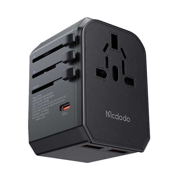 PD 33W Reiseadapter med 2 USB-A, Type-C, 2-i-1 Universal Vegglader + Stikkontakt (Svart)