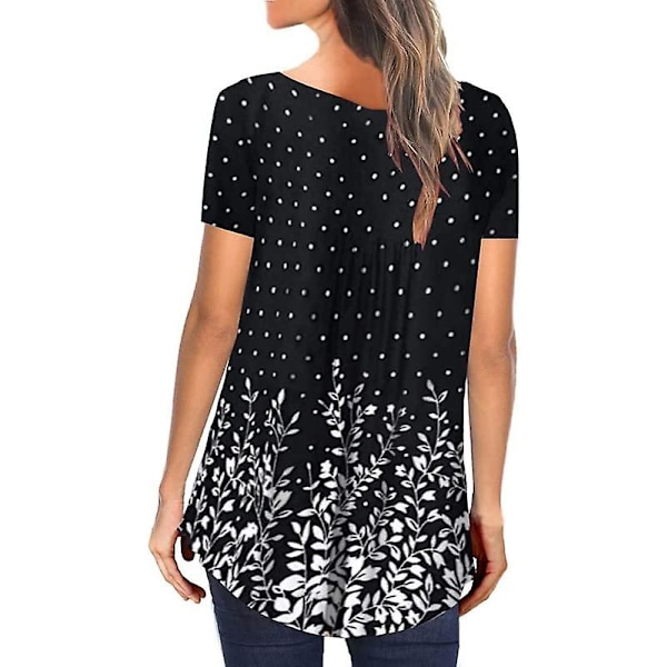 Dame Casual Bluser Toppe Løse Plisserede Blomstrede Tunika Skjorter Til Kvinder UK V-Hals Dotblack XL