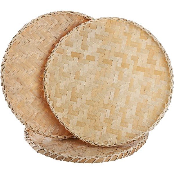 3 stk. Håndlagde Bambusvevde Kurvbrett, 33 cm Flat Flettet Rund Fruktkurv Vevd Matlagring Grunne Brett Dekorativt Serveringsbrett Veggoppheng