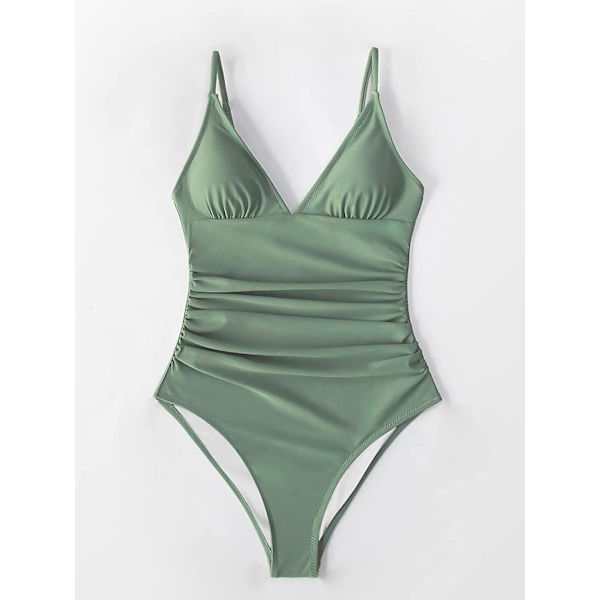 Dame Badedragt Heldragt V-hals Mavekontrol Rynket Front Lav Ryg Army Green XS
