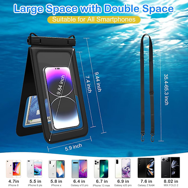 Double Space vedenpitävä puhelinpussi - 2 kpl, vedenpitävä puhelinnauhakotelo kuivapussilla lomalle 7 inch