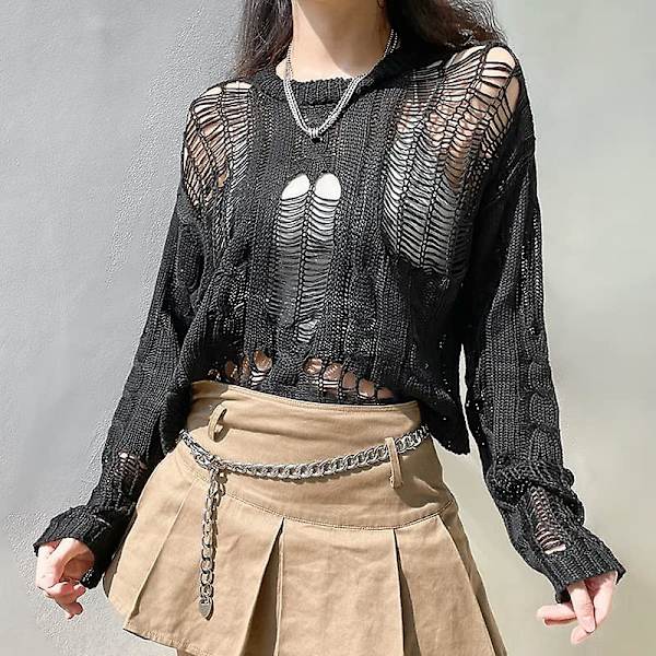 Dame Hul Ud Hæklet Strik Trøje Crop Tops Langærmet Trøje Cropped Style 5 S