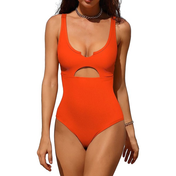 Naisten uimapuku, yksiosainen, vatsaa litistävä, korkea leikkaus, avoselkäinen uimapuku L Orange Ribbed