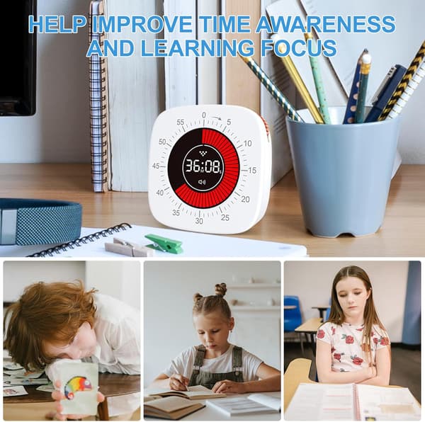 Barnetimer, visuell timer med nedtelling, 60 minutter stille timer, 3 påminnelsesmoduser, rask justering