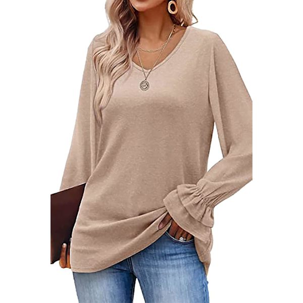 Dame Ensfargede Topper Casual V-hals Ruffle 3/4 Bell Erme Bluse Tunika Løs Skjorte Khaki B M