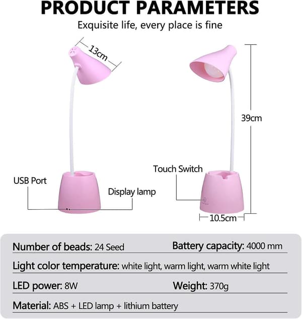 Skrivebordslampe, LED bordlampe 3 lysmoduser og berøringssensor, dimbar 360 rotasjon skrivebordslampe (rosa)