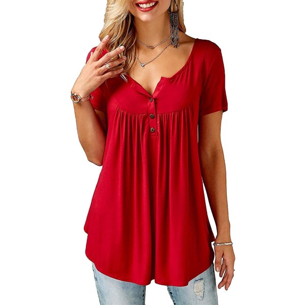 Dame Skjorter Ruffle Løs Knapp Tunic Topper For Kvinner Red B M