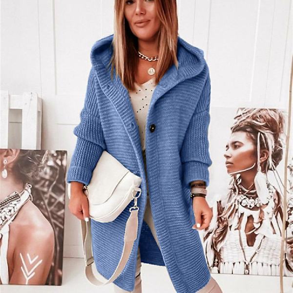 2023 Ny huvtröja stickad mössa krage temperament pendla lös kofta dam tröja damkläder Denim blue Xl
