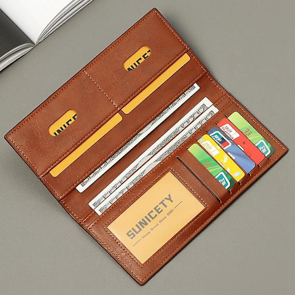 Lang lommebok for menn, kredittkort holder, RFID-blokkering, bifold, slank PU-skinnpung Brown