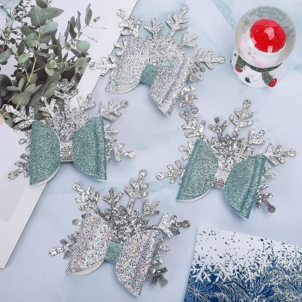 4 stk. Jule Snefnug Glitter Sløjfe Hårklemmer Blå PU Læder Hårspænder Jul Snefnug Hårnåle Glitrende Alligator Hårklemmer Til Piger Småbørn