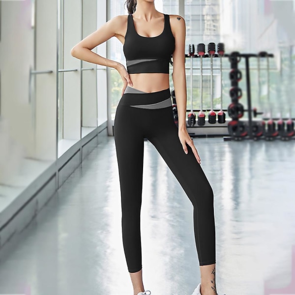 Yogakläder för kvinnor 2-delat set Träningsoveraller Sport-bh Hög midja Legging Active Wear Atletisk set S