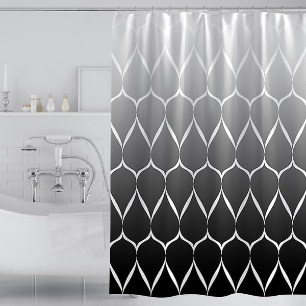 Stilren duschdraperi i vitt och svart, grå, vattentät för våtrum, 180 x 200 cm, tvättbar badrumsduschdraperi i polyester med 12 krokar