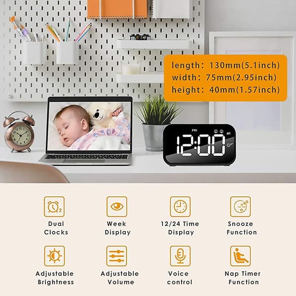 Väckarklocka, digital klocka batteridriven med Acsergery snooze, nap timer och USB-present